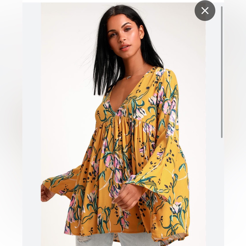 Free People Bella Golden Yellow Floral Print Tunic, Size XS